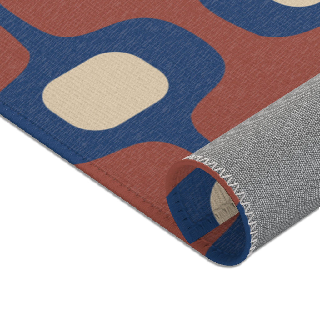 Mid-Century Geometric Area Rug | Retro Hourglass Pattern in Blue Terracotta Cream