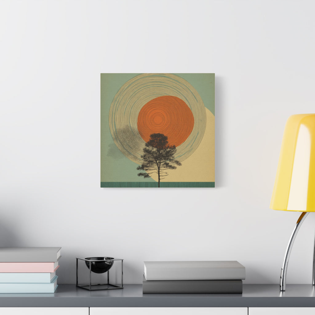 Tree Ring Wall Art | Mid Century Wall Art | Abstract Canvas Of Sun And Tree Nature Landscape