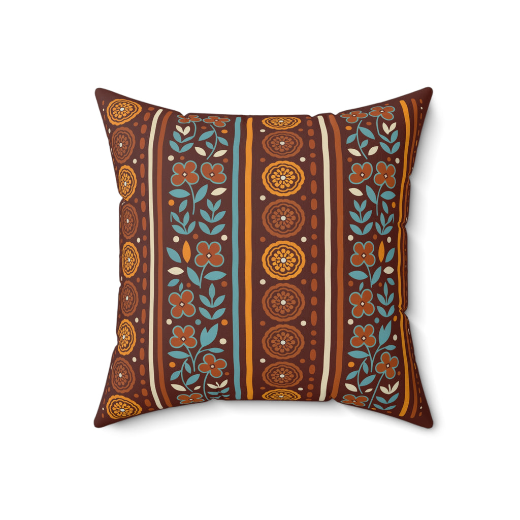 Warm retro floral stripe decorative pillow, alternate view