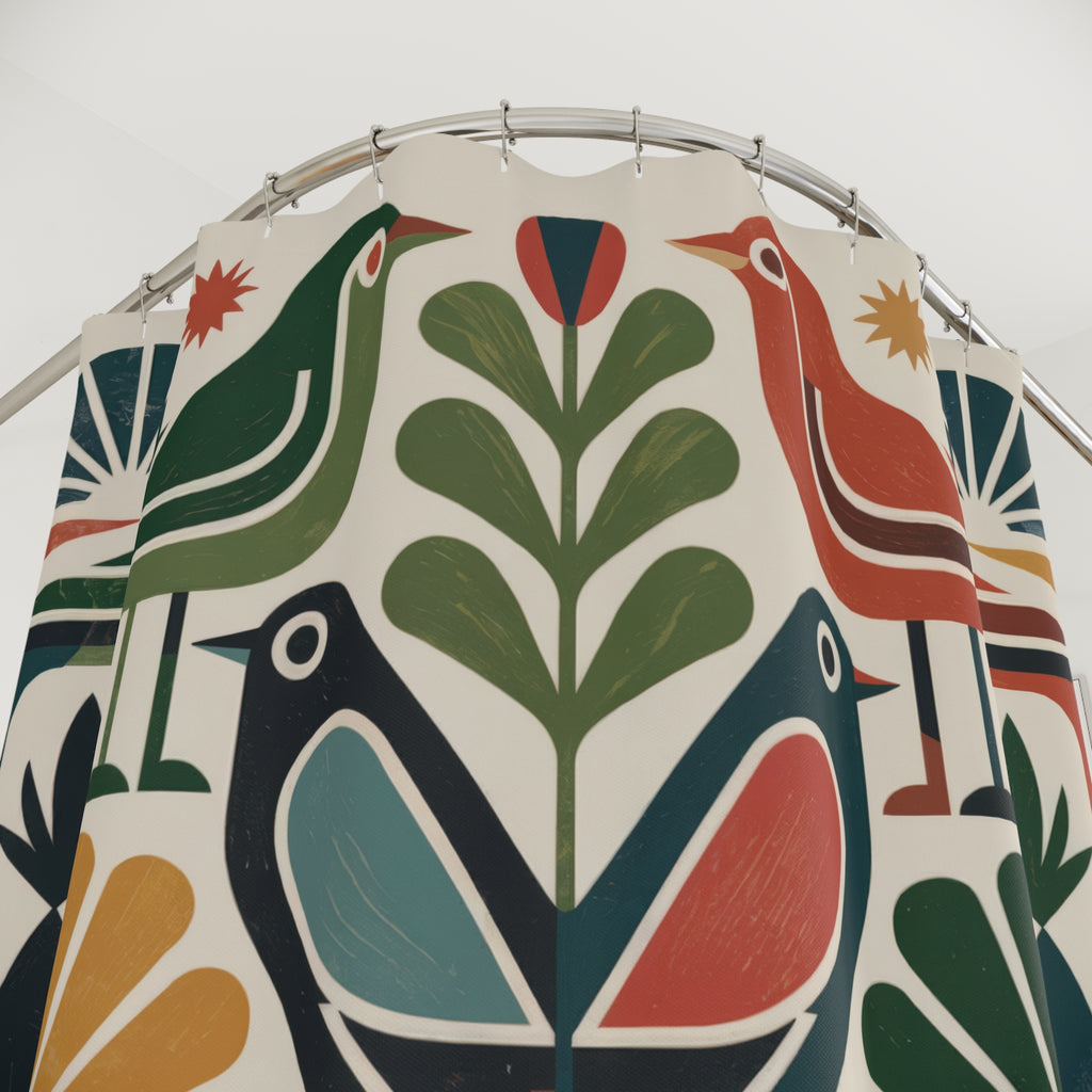 Shower Curtain | Folk Bird Mid Century Boho Design | Boho Home Decor Gift