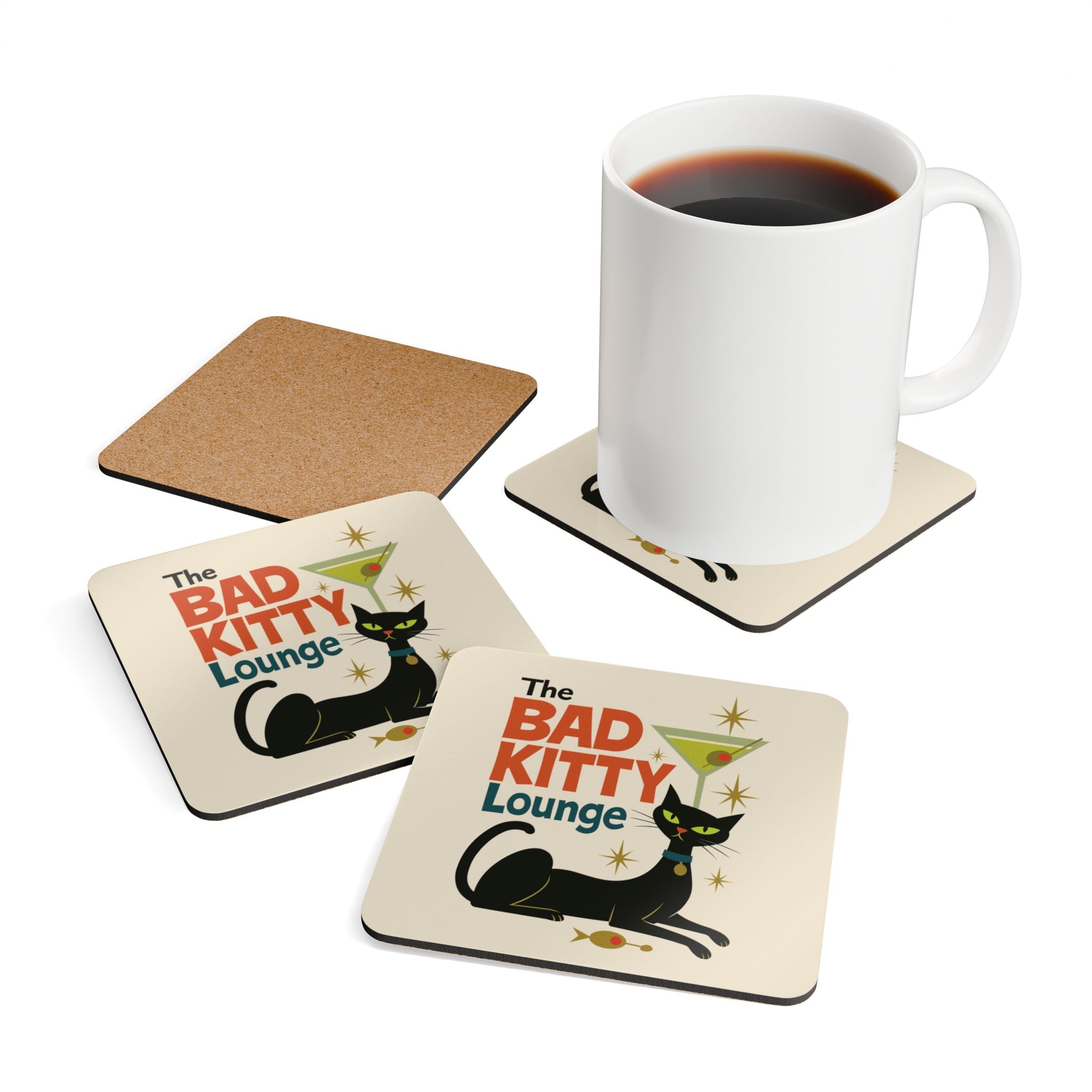 Cat Coaster Set, Retro Coaster, Home Bar Decor, Drink Coasters, Bad Kitty,Cat Lover Gift, Vintage Style Coasters