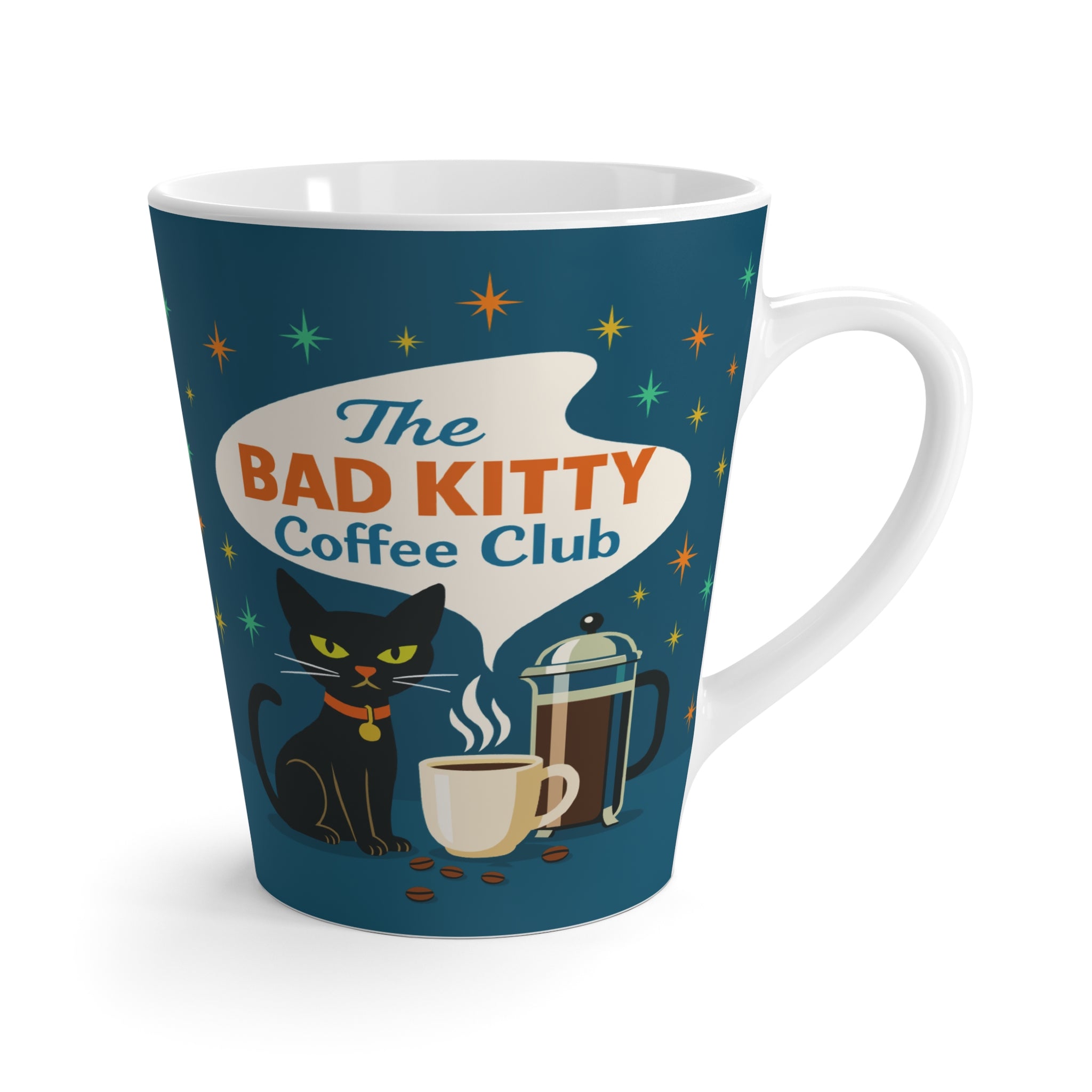 Bad Kitty Coffee Club Latte Mug, Retro Cat Lover Gift, Mid-Century Modern Kitchen Decor, Vintage Coffee Cup, Atomic Starbursts