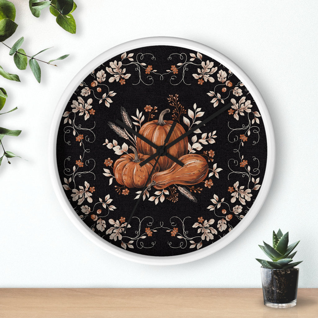 Autumn Pumpkin Wall Clock | Black Floral Fall Decor