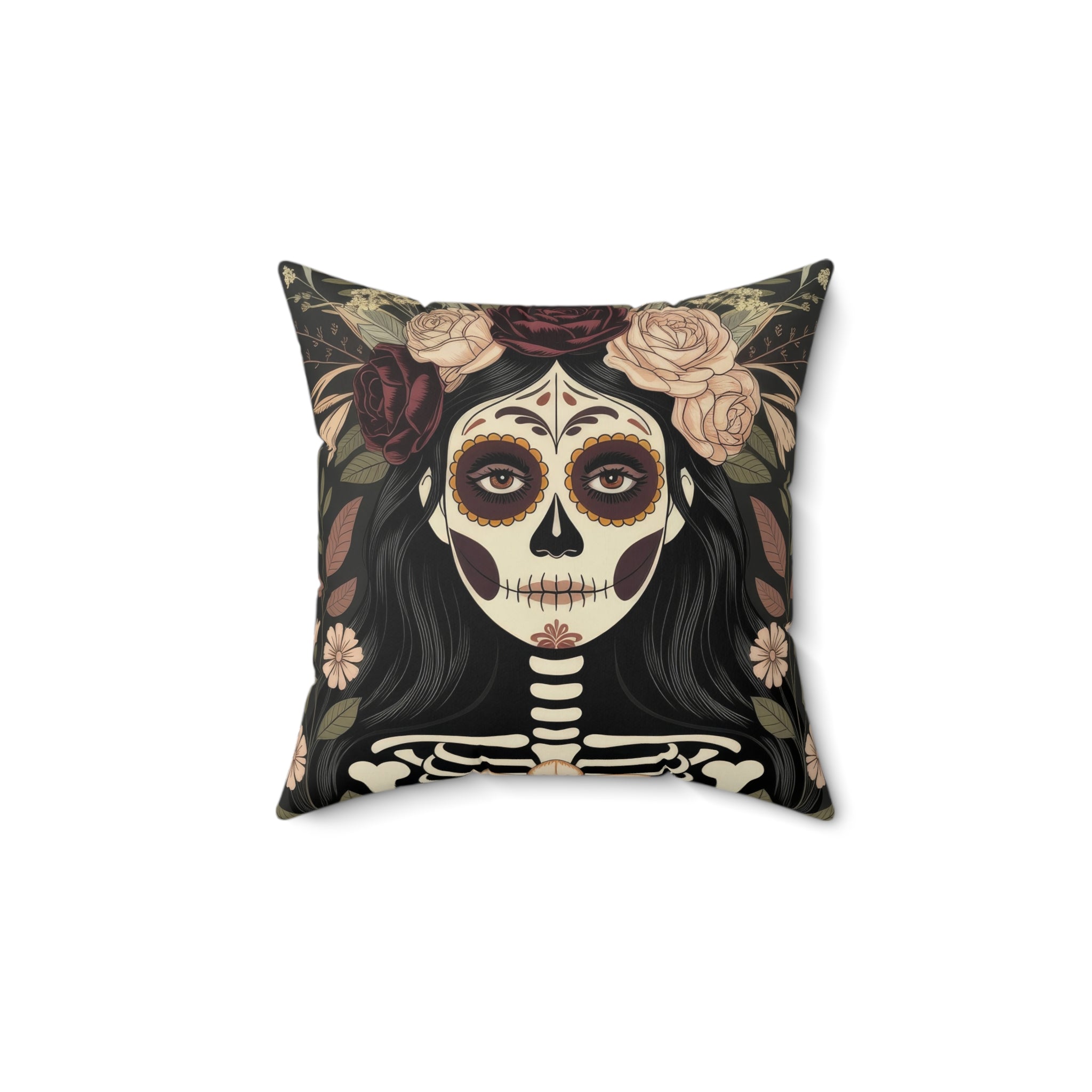 Gothic La Catrina Faux Suede Throw Pillow | Sugar Skull Dia de los Muertos Dark Boho Decor