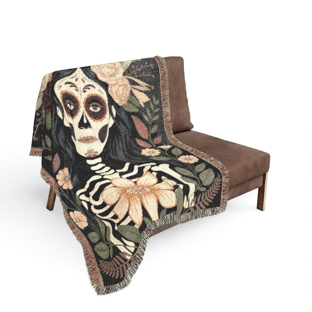 La Catrina Gothic Día de los Muertos Gothic Woven Blanket | Sugar Skull Botanical Throw