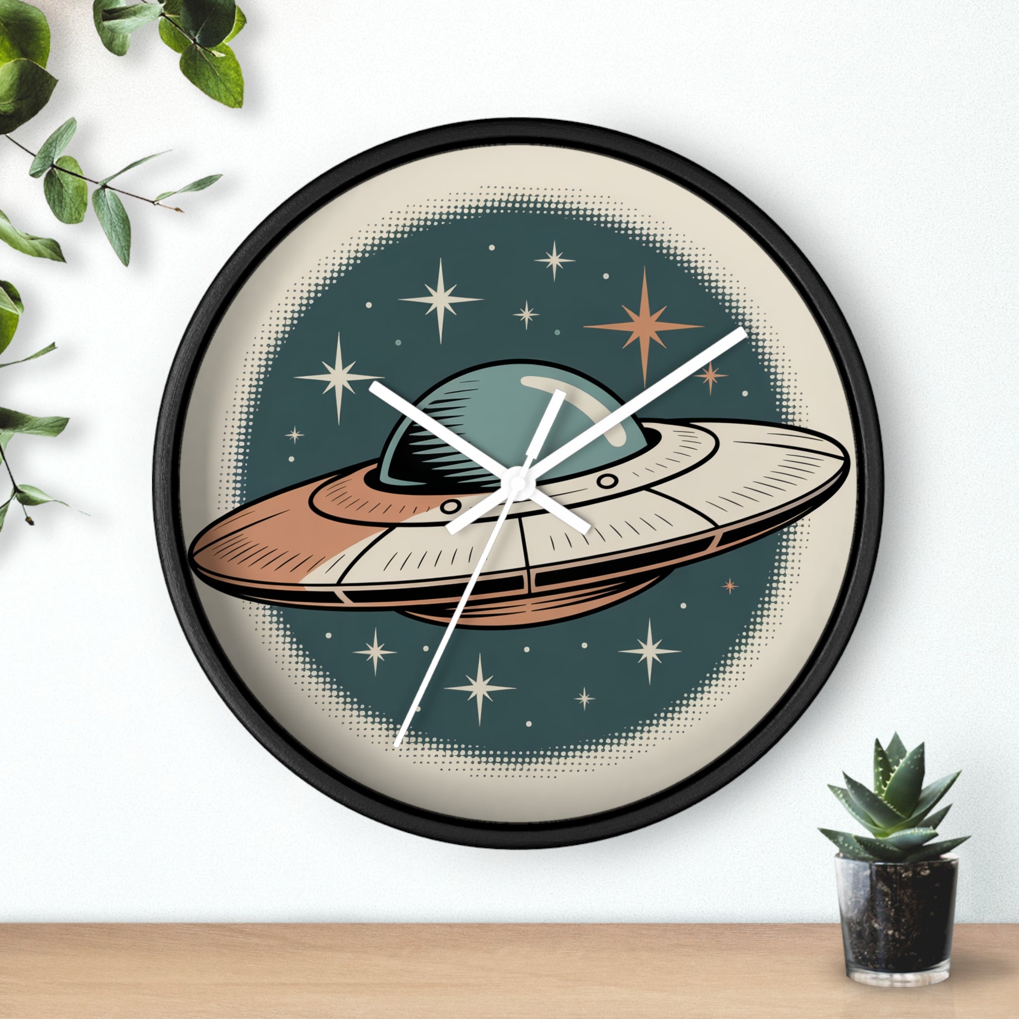 Mid Century Modern Clock, Vintage UFO Postcard Wall Clock, Halftone Starry Night Saucer, Retro Space Age Decor, Teal Orange Sci Fi