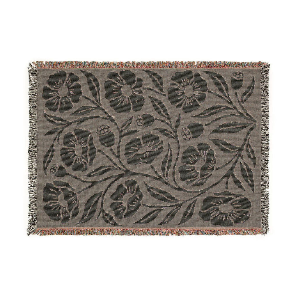 Botanical Floral Pattern Woven Blanket | Green Sage Cream Flower Throw