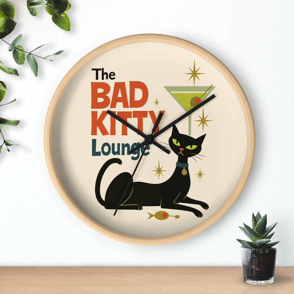 Bad Kitty Lounge Wall Clock | Mid Century Cat Martini Retro Kitchen Decor