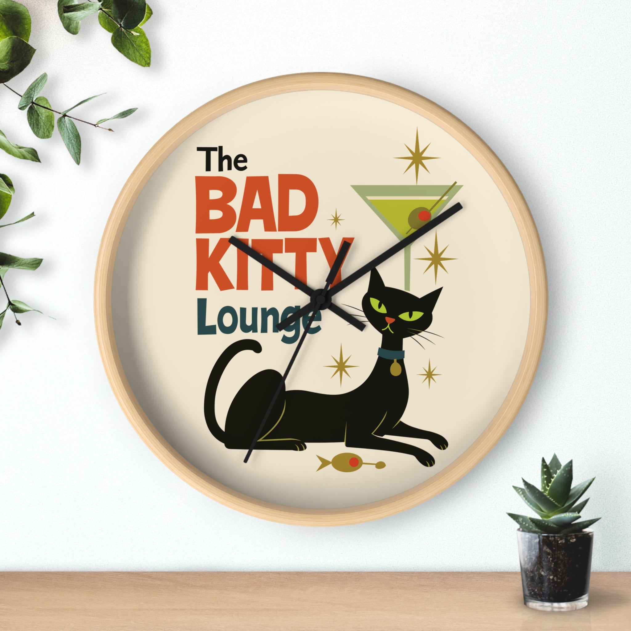 Bad Kitty Lounge Wall Clock | Mid Century Cat Martini Retro Kitchen Decor