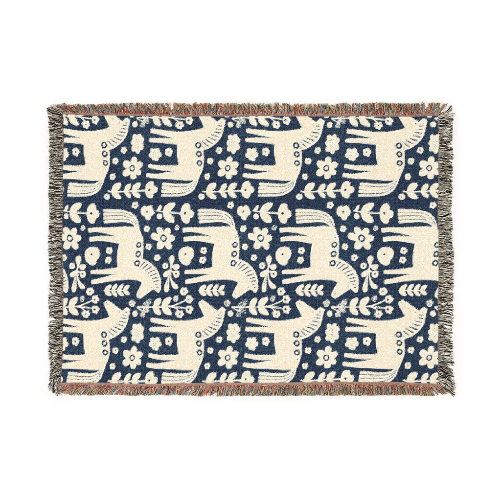 Scandinavian Dala Horse Woven Throw Blanket  | Nordic Folk Art Throw