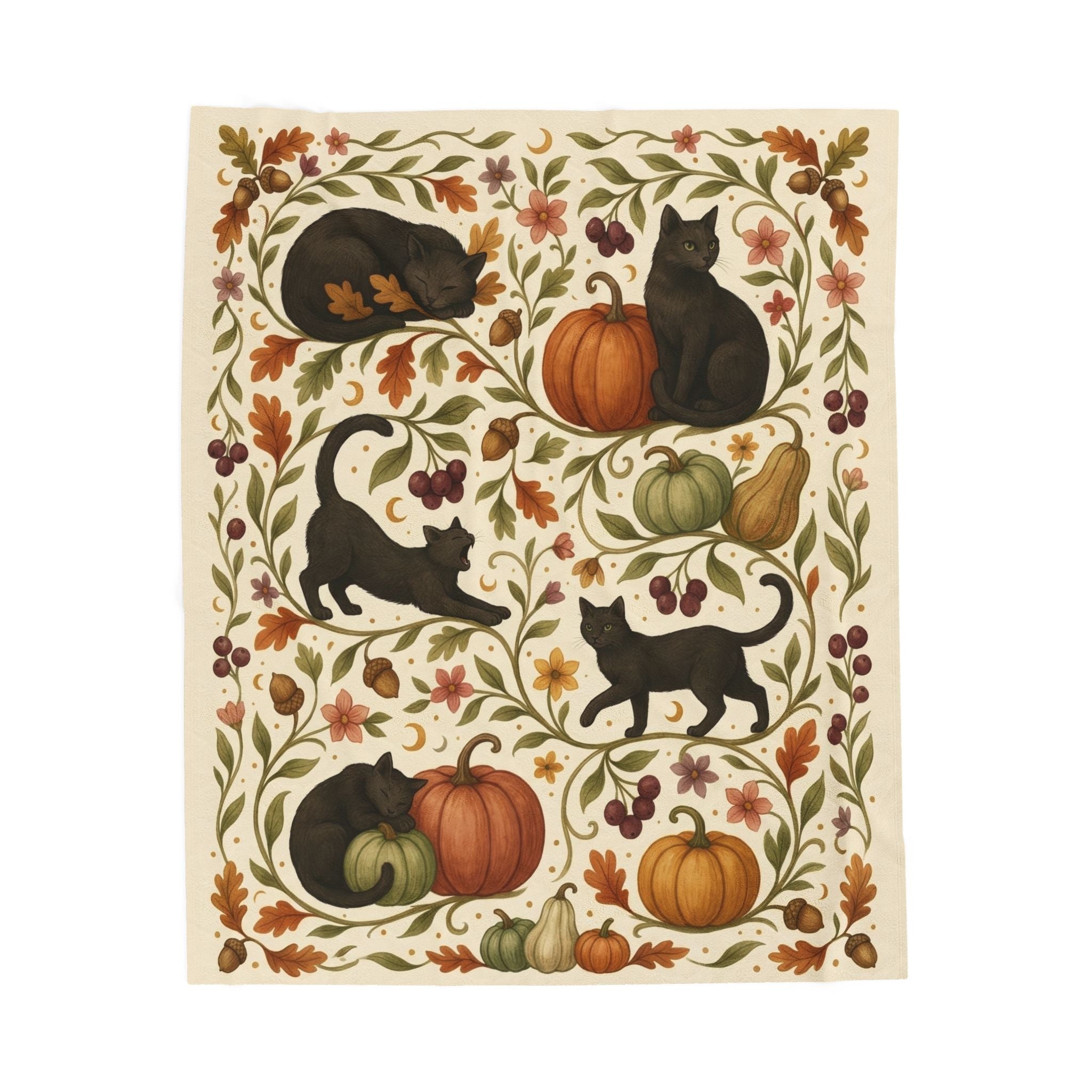Black Cat Cottagecore Blanket, Halloween Botanical Throw Blanket, Pumpkin Cat Fall Decor, Spooky Autumn Blanket