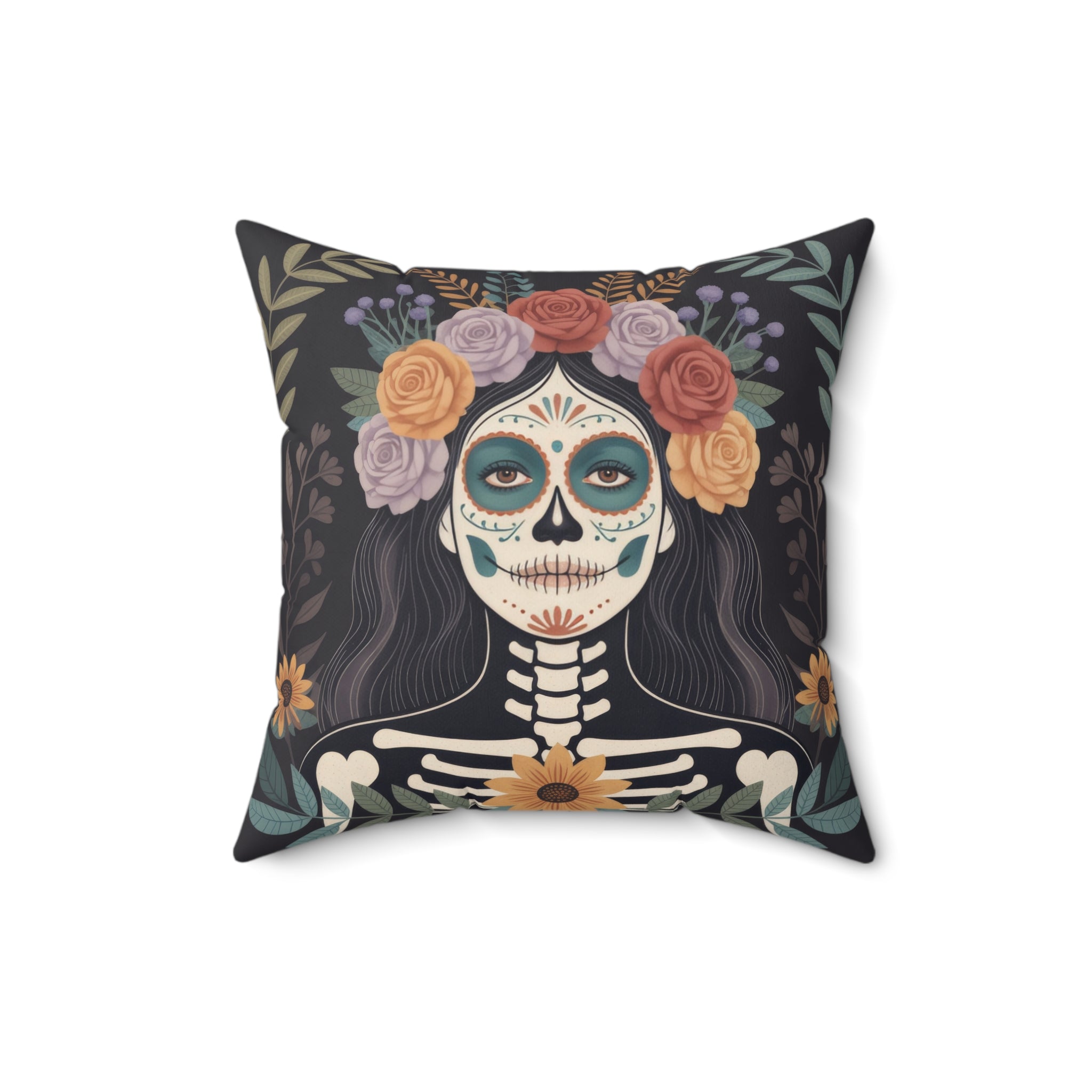 La Catrina Throw Pillow, Colorful Day of the Dead Skull, Mexican Folk Art Decor