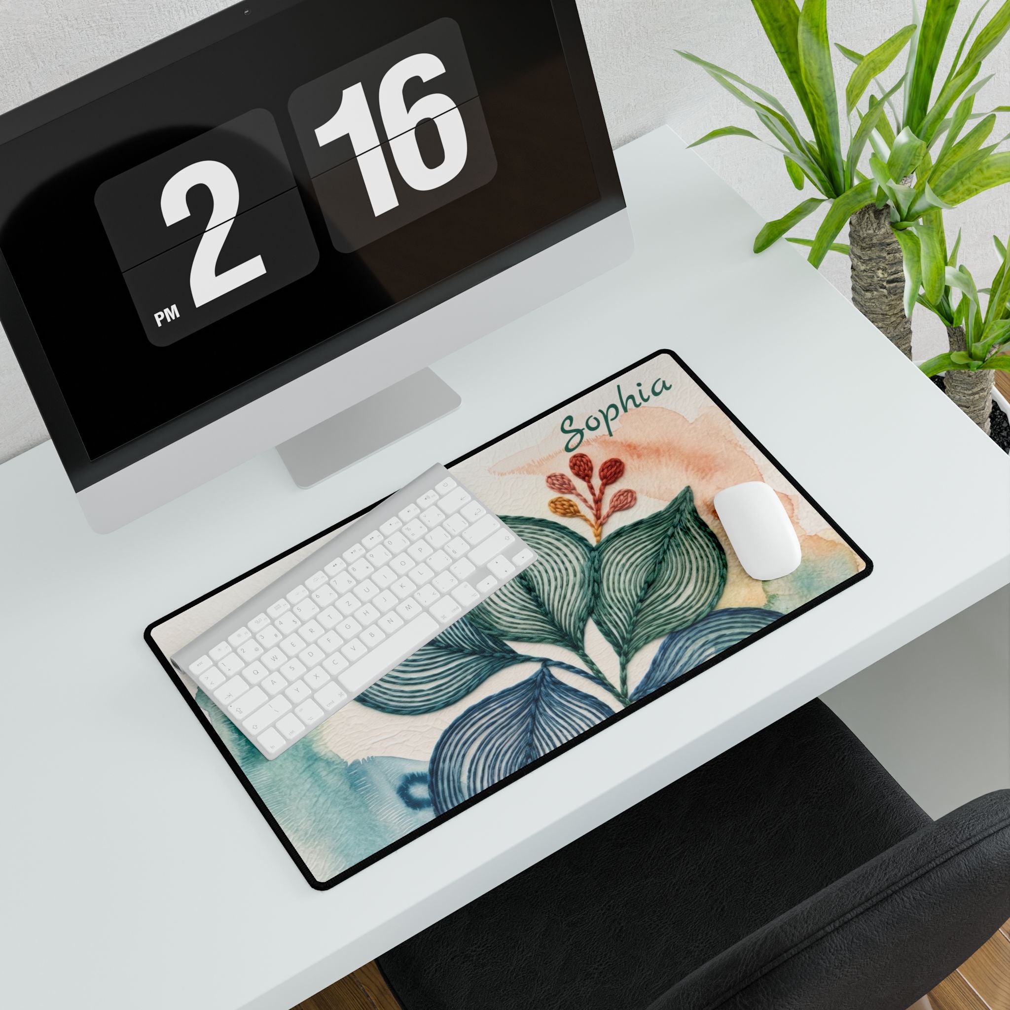 Abstract Leaf Desk Mat, Cubicle Decor, Blue Green Office Mouse Pad, Botanical Desk Accessory