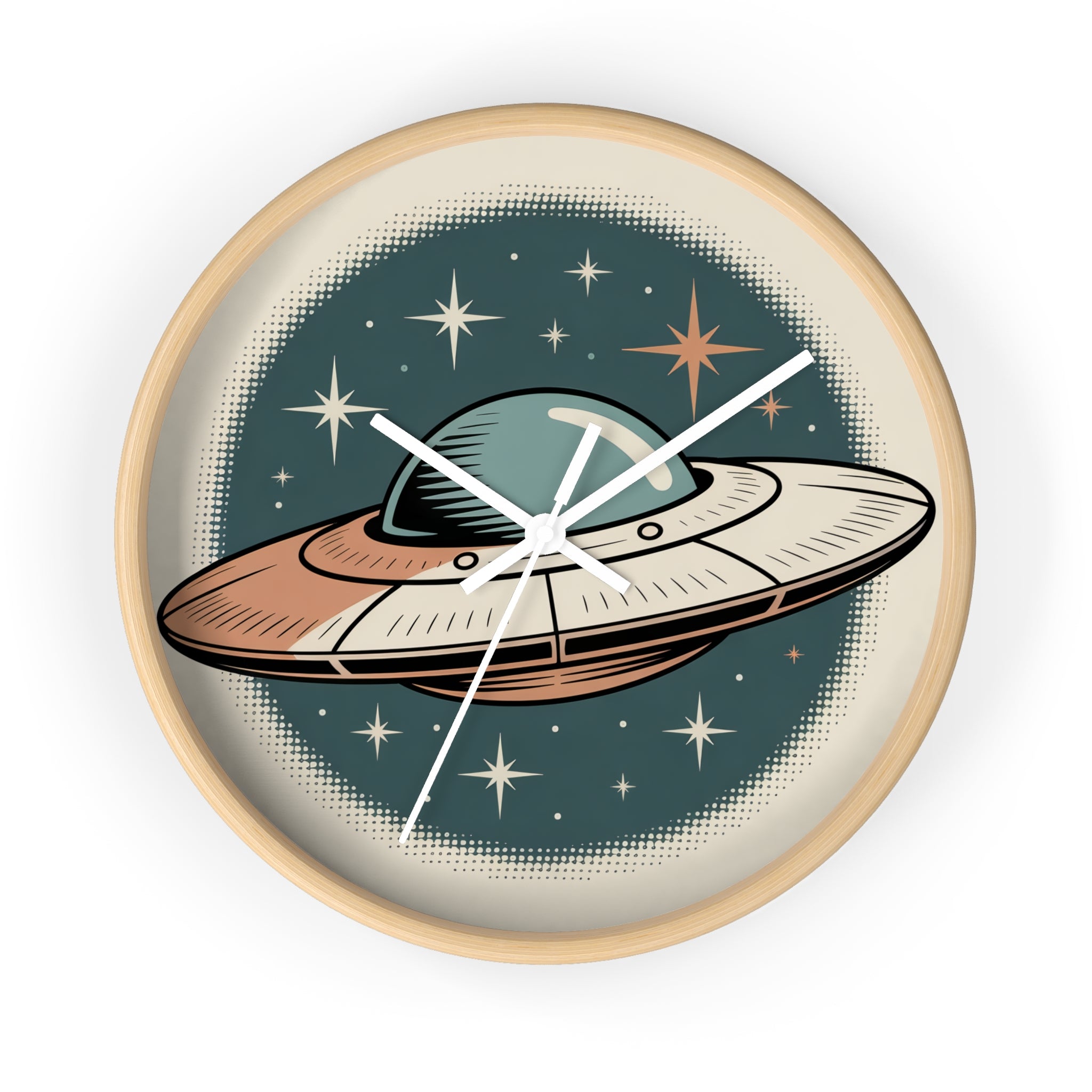 Mid Century Modern Clock, Vintage UFO Postcard Wall Clock, Halftone Starry Night Saucer, Retro Space Age Decor, Teal Orange Sci Fi