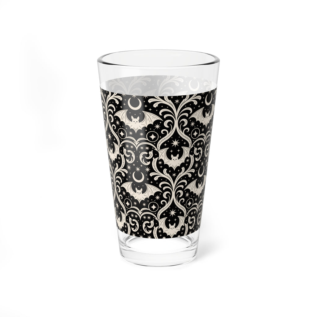 Clear 16-ounce mixing glass with black bat damask pattern