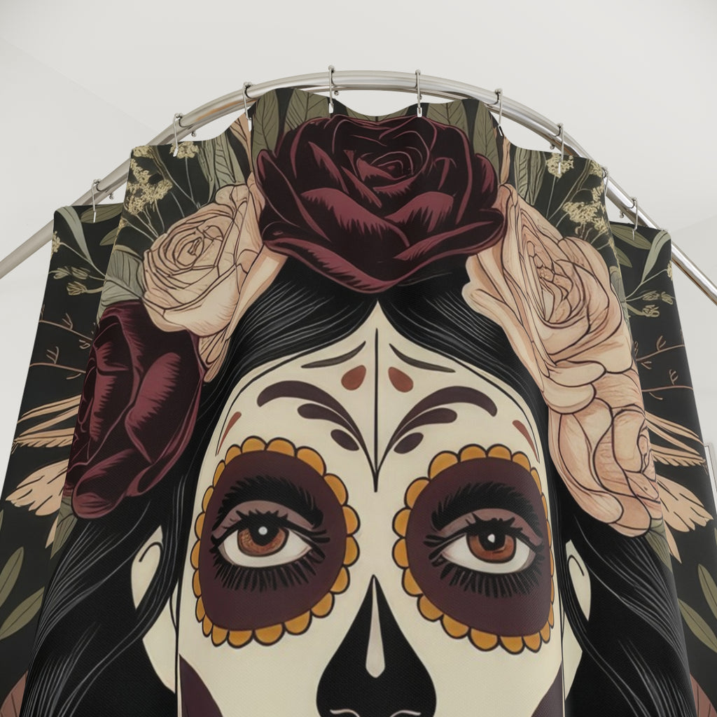 La Catrina Skull Dark Botanical Shower Curtain | Gothic Day of the Dead