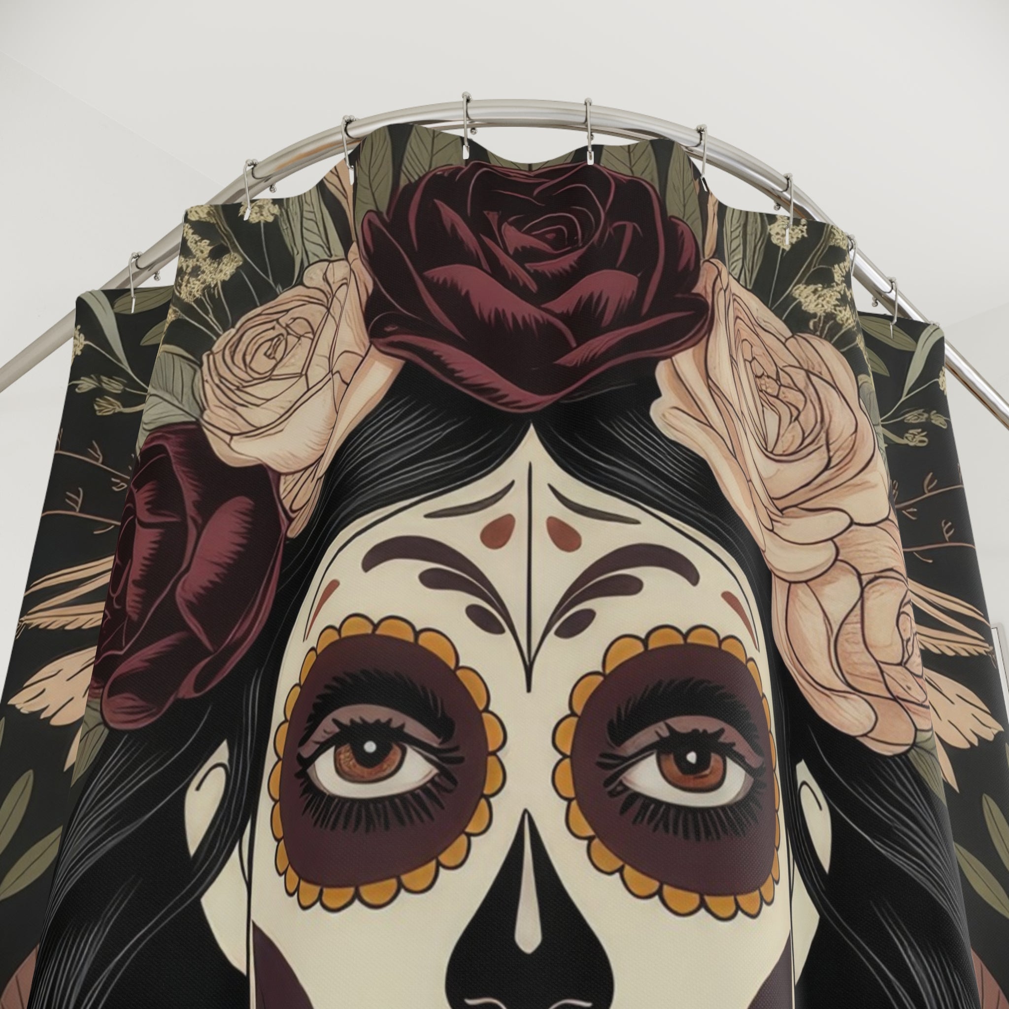 La Catrina Skull Dark Botanical Shower Curtain | Gothic Day of the Dead