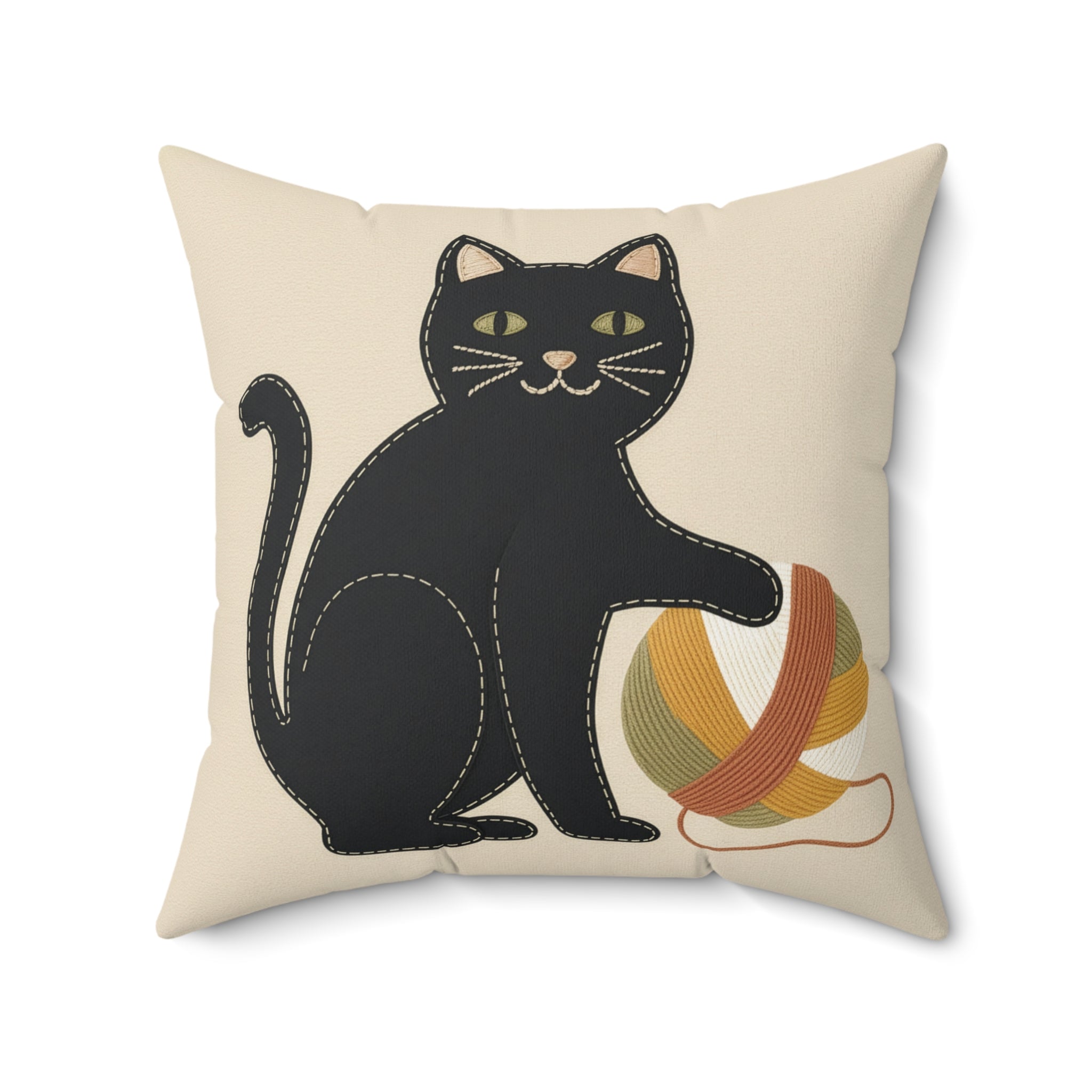 Folk Black Cat Pawing Yarn Pillow | Mid-Century Appliqué Style Decorative Pillow