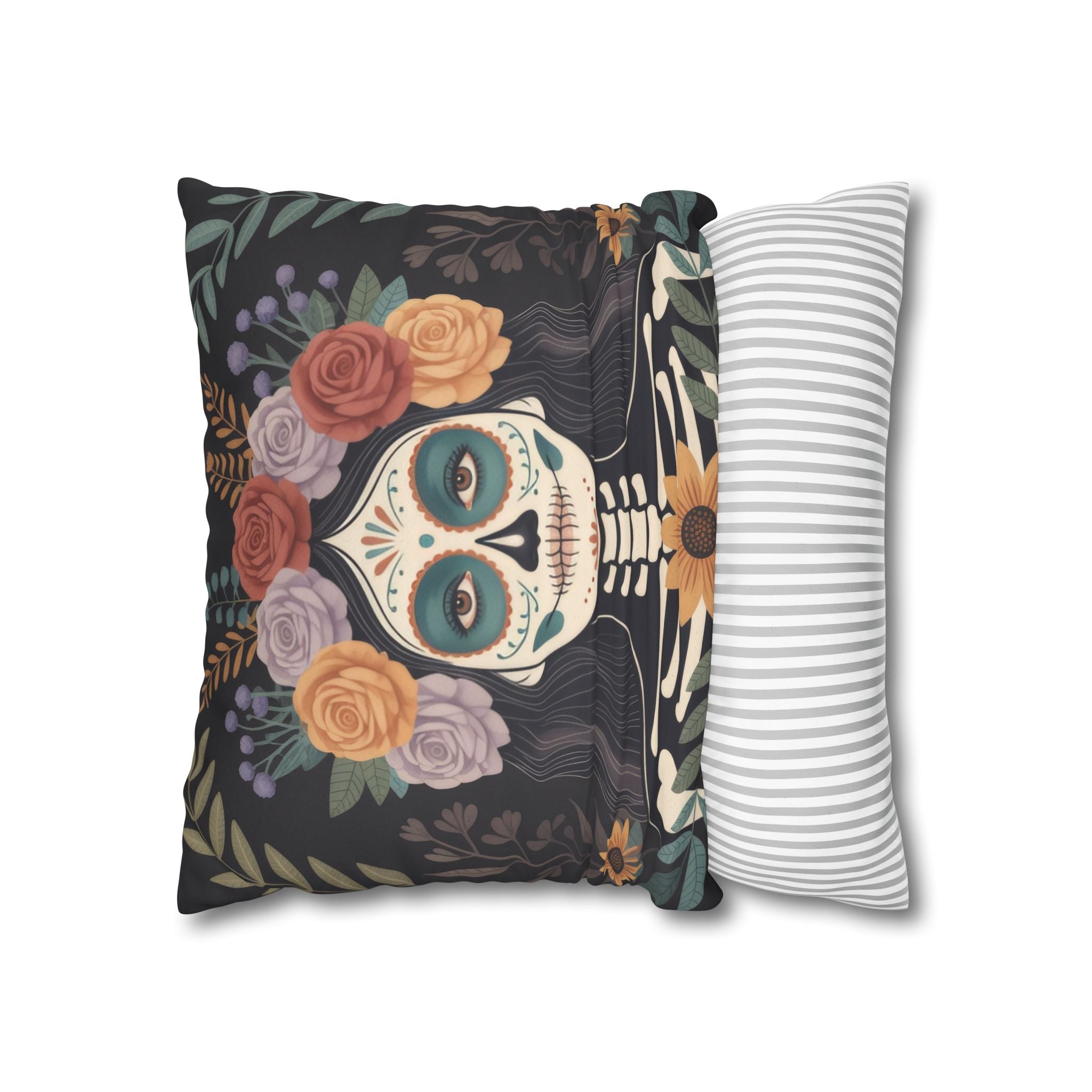 La Catrina Faux Suede Pillow Cover, Colorful Day of the Dead Floral Skull Decor