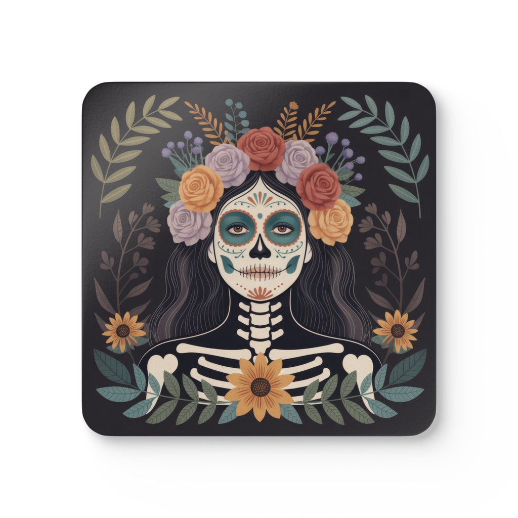 La Catrina Cork Coasters, Day of the Dead Floral Skull Drink Coaster Set