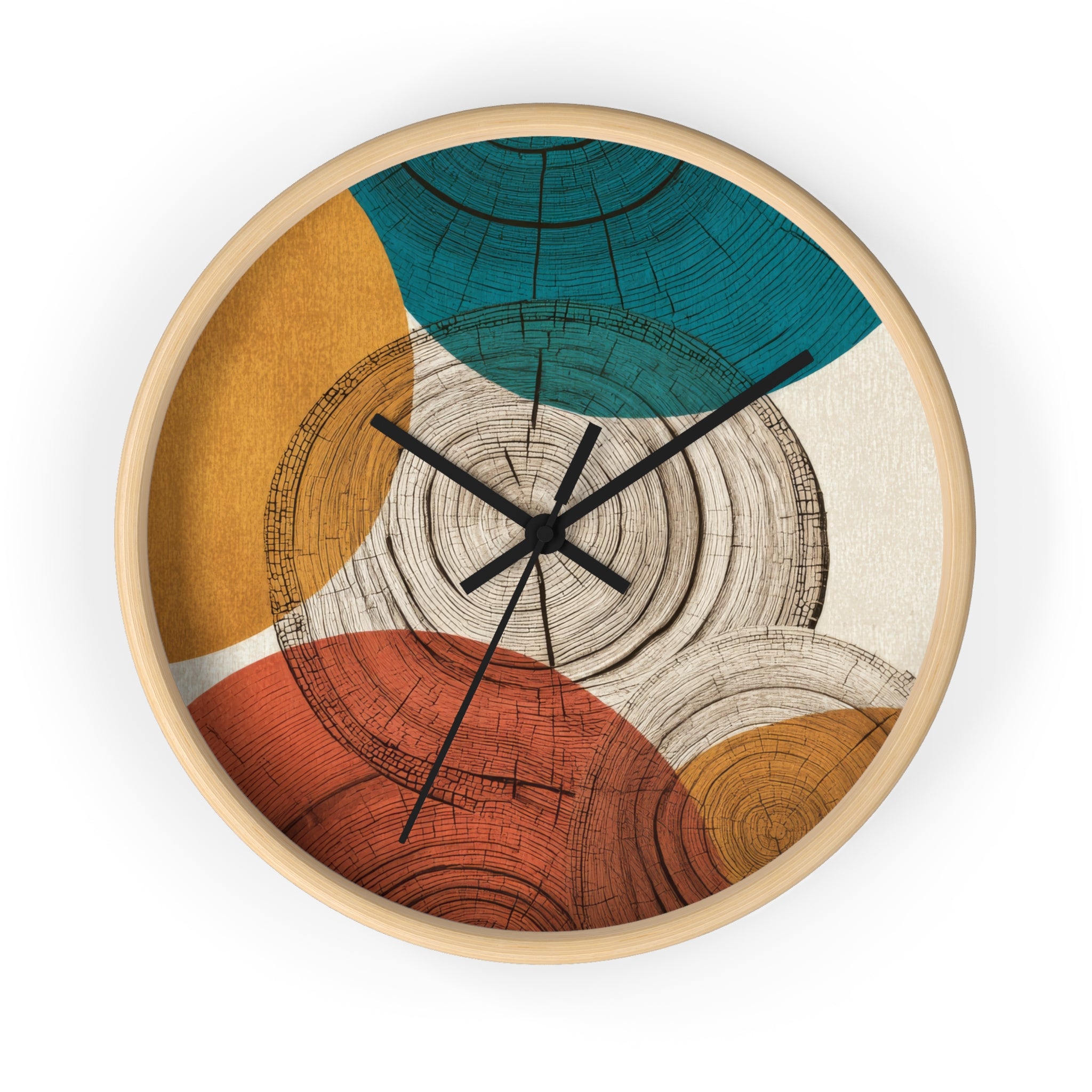 Mid Century Modern Clock | Abstract Tree Ring Wall Art, Atomic Geometric Woodgrain Circles in Teal, Ochre + Rust