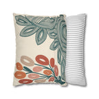 Mid Century Coral Teal Botanical Faux Suede Pillow Case | Modern Floral Decorative Accent