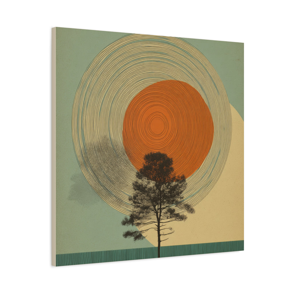 Tree Ring Wall Art | Mid Century Wall Art | Abstract Canvas Of Sun And Tree Nature Landscape