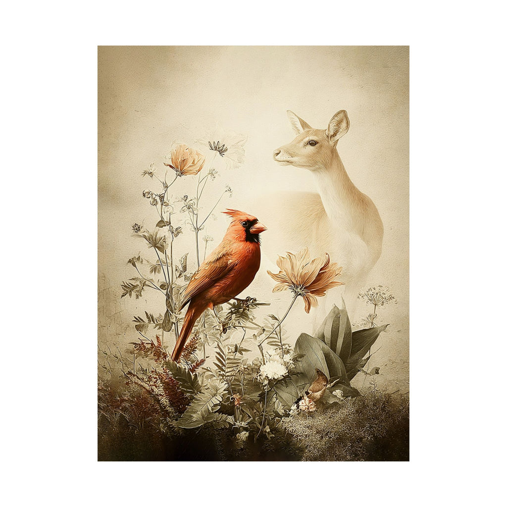 Woodland Cardinal and Doe Poster  | Nature Scene, Floral