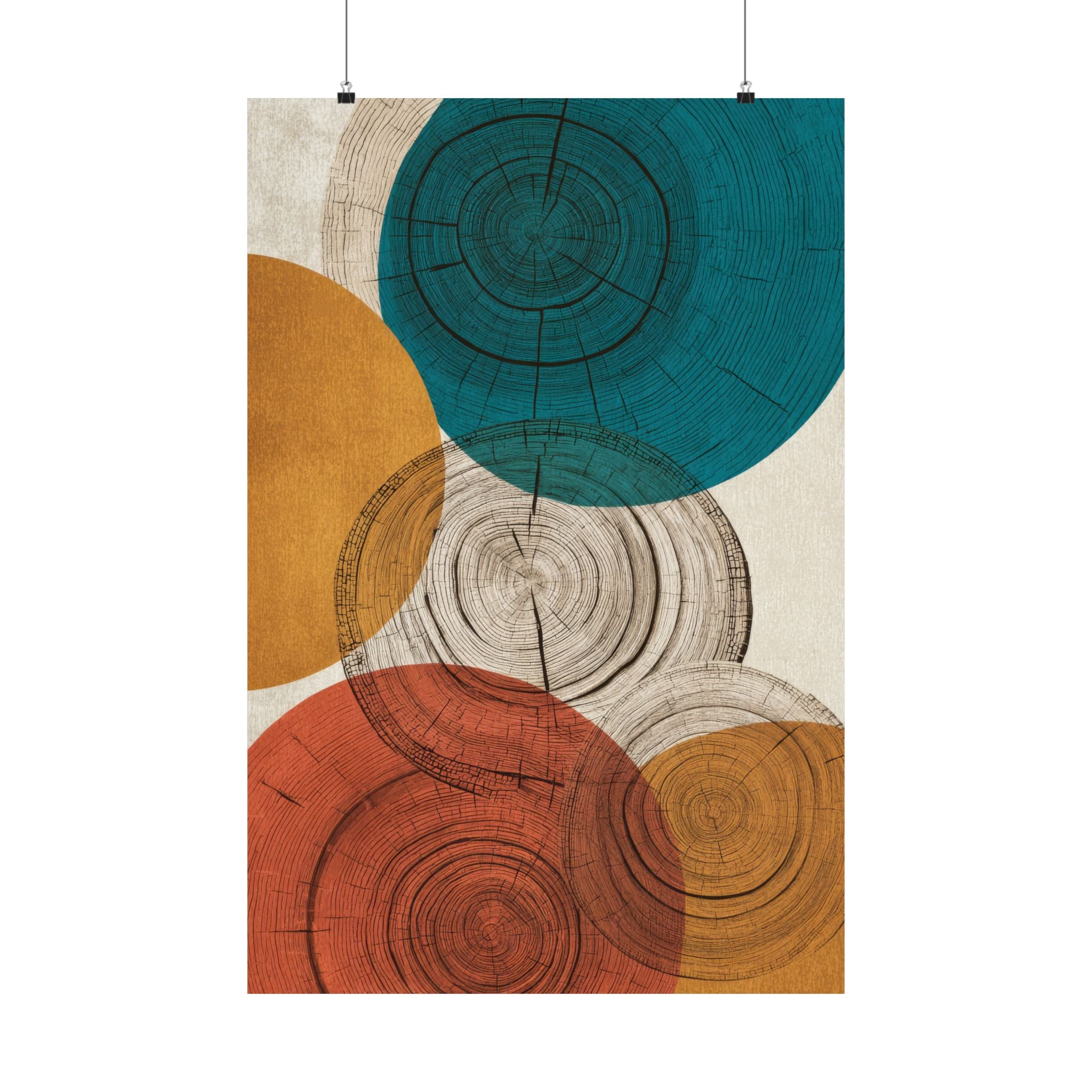 Abstract Tree Ring Art Print | Mid Century Modern Wood Grain Poster | Geometric Growth Rings Wall Art | Japandi Teal Mustard Retro Decor