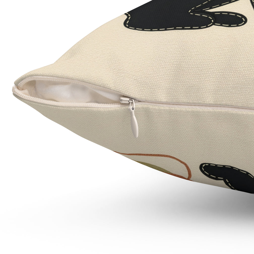 Folk Black Cat Pawing Yarn Pillow | Mid-Century Appliqué Style Decorative Pillow