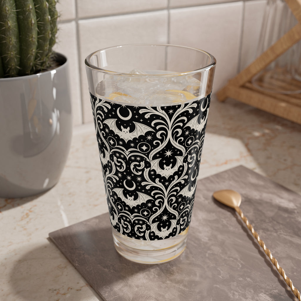 Gothic Bat Damask Mixing Glass | 16 oz Halloween Drinkware