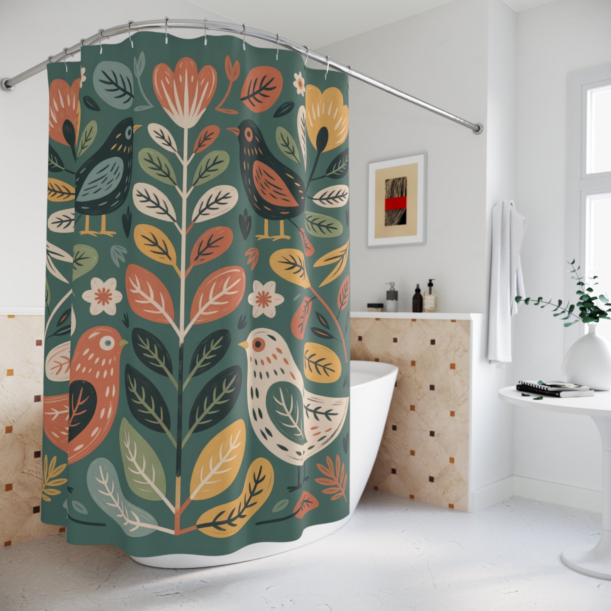 Cottagecore Floral Shower Curtains - Botanical Shower with Folk Bird and Flower Art, Bohemian Bath and Vintage Botanical Bathroom Decor