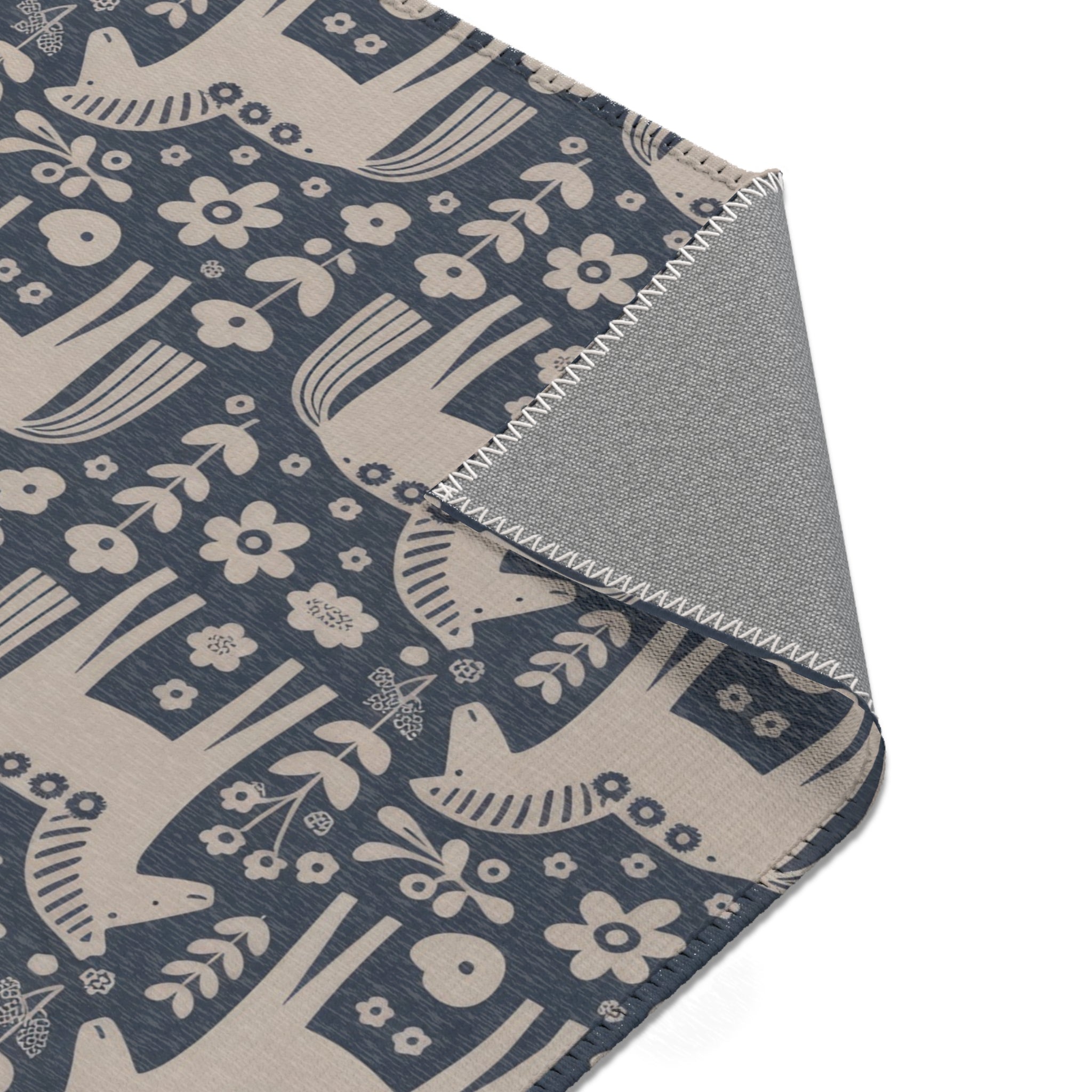 Scandinavian Dala Horse Pattern Area Rug | Folk Art Nordic Floral