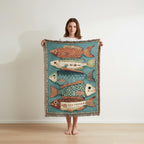 Vintage Folk Fish Woven Blanket | Teal & Rust Throw