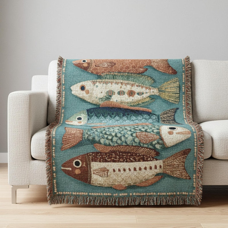 Stacked Folk Fish Woven Blanket | Vintage Rustic Lodge Throw