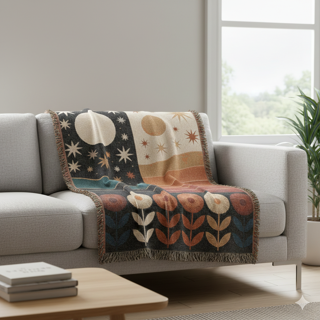 Celestial Sun & Moon Woven Blanket | Retro Desert Stars Mid-Century Boho