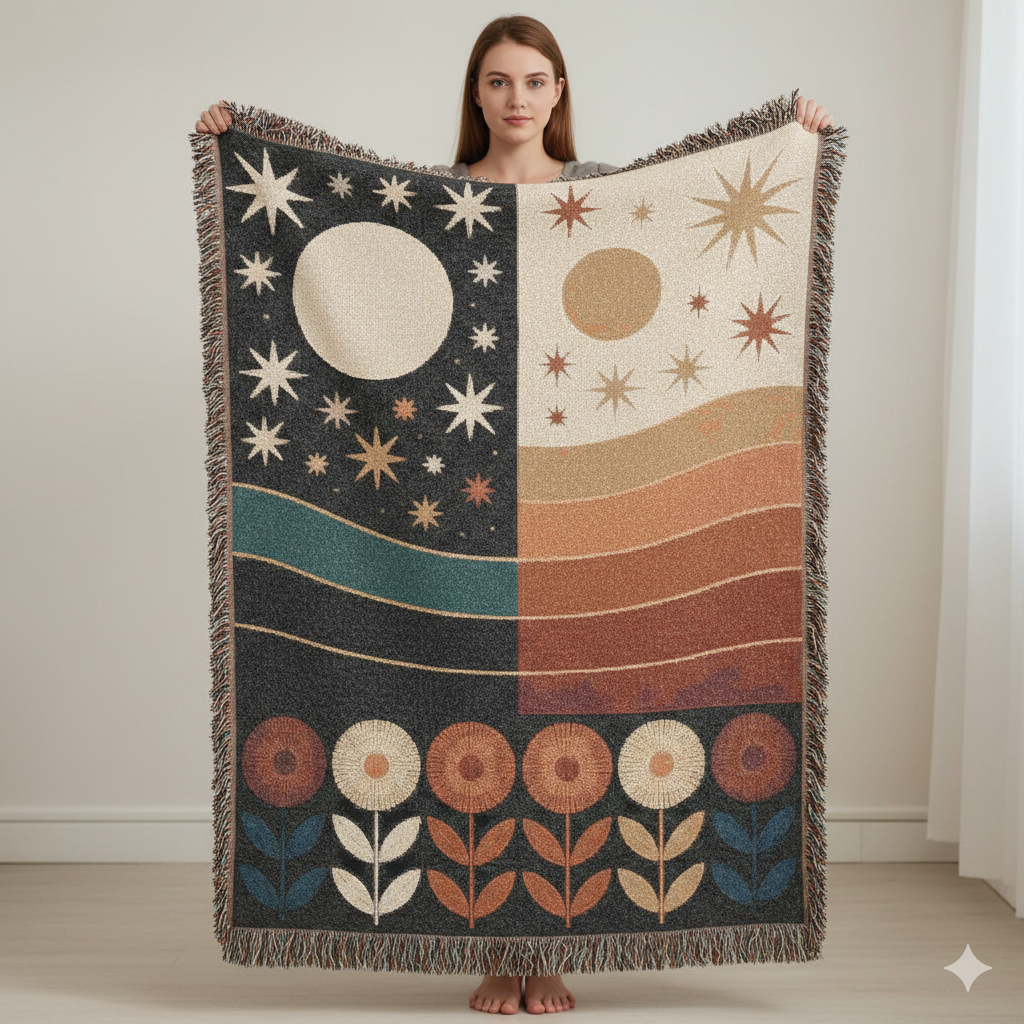 Celestial Sun & Moon Woven Blanket | Retro Desert Stars Mid-Century Boho