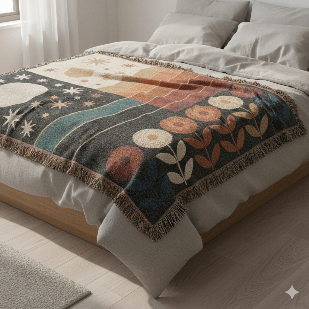 Celestial Sun & Moon Woven Blanket | Retro Desert Stars Mid-Century Boho