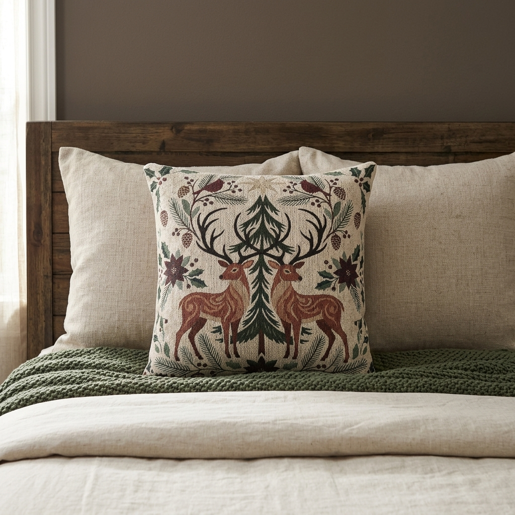 Christmas deer and cardinal woven pillow styled on a bed