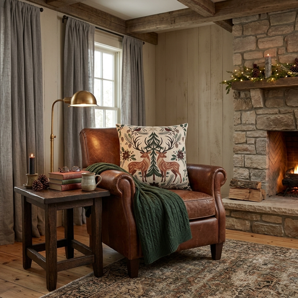 Christmas deer woven pillow in a lodge armchair by a fireplace
