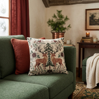 Christmas deer woven pillow styled on a green sofa