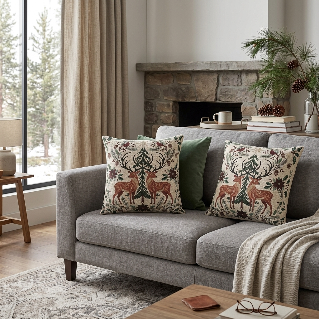 Pair of Christmas deer woven pillows on a gray sofa