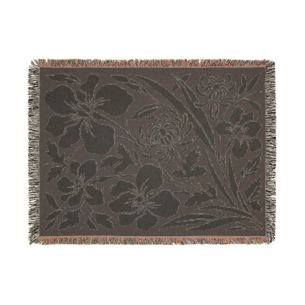 Neutral Japanese-Inspired Midnight Botanicals Floral Pattern Woven Blanket | Botanical Throw, Fringe Edge