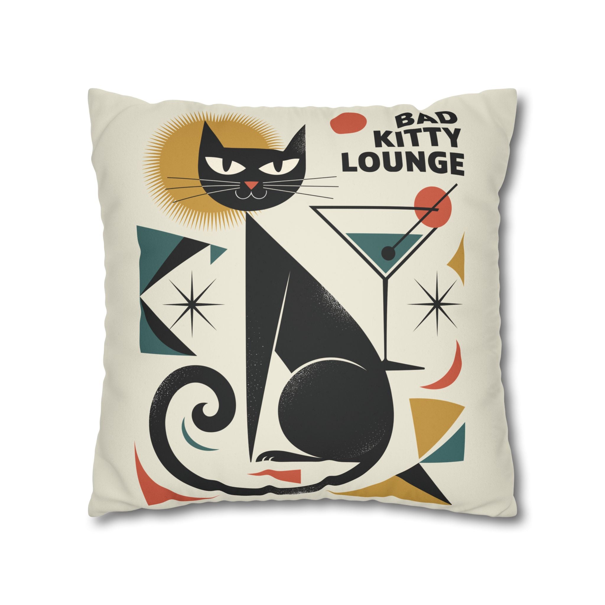 Bad Kitty Mid Century Modern | Art Deco Faux Suede Square Pillowcase | Retro Cat Accent