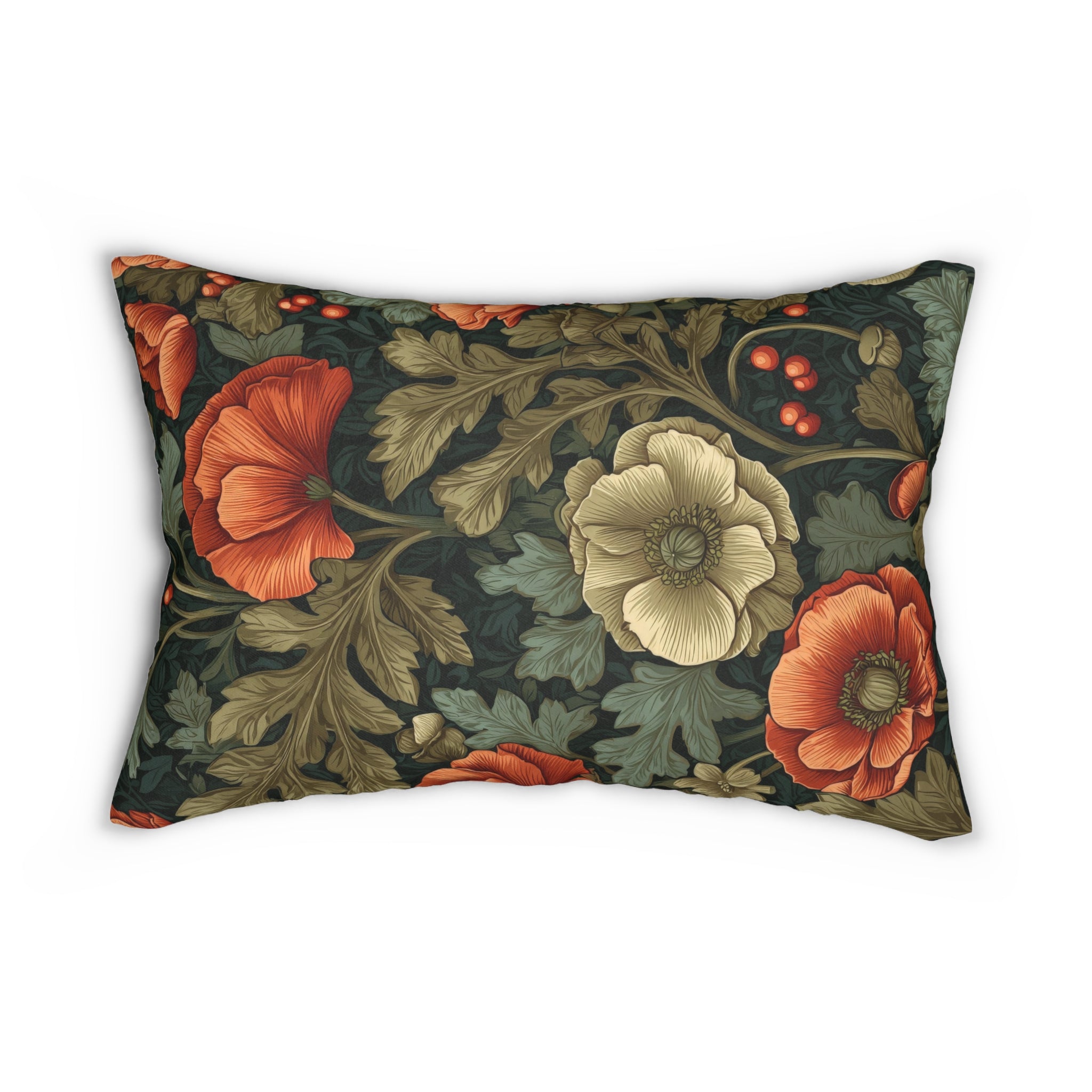 William Morris Poppy Garden Lumbar Pillow | Botanical Floral Pattern