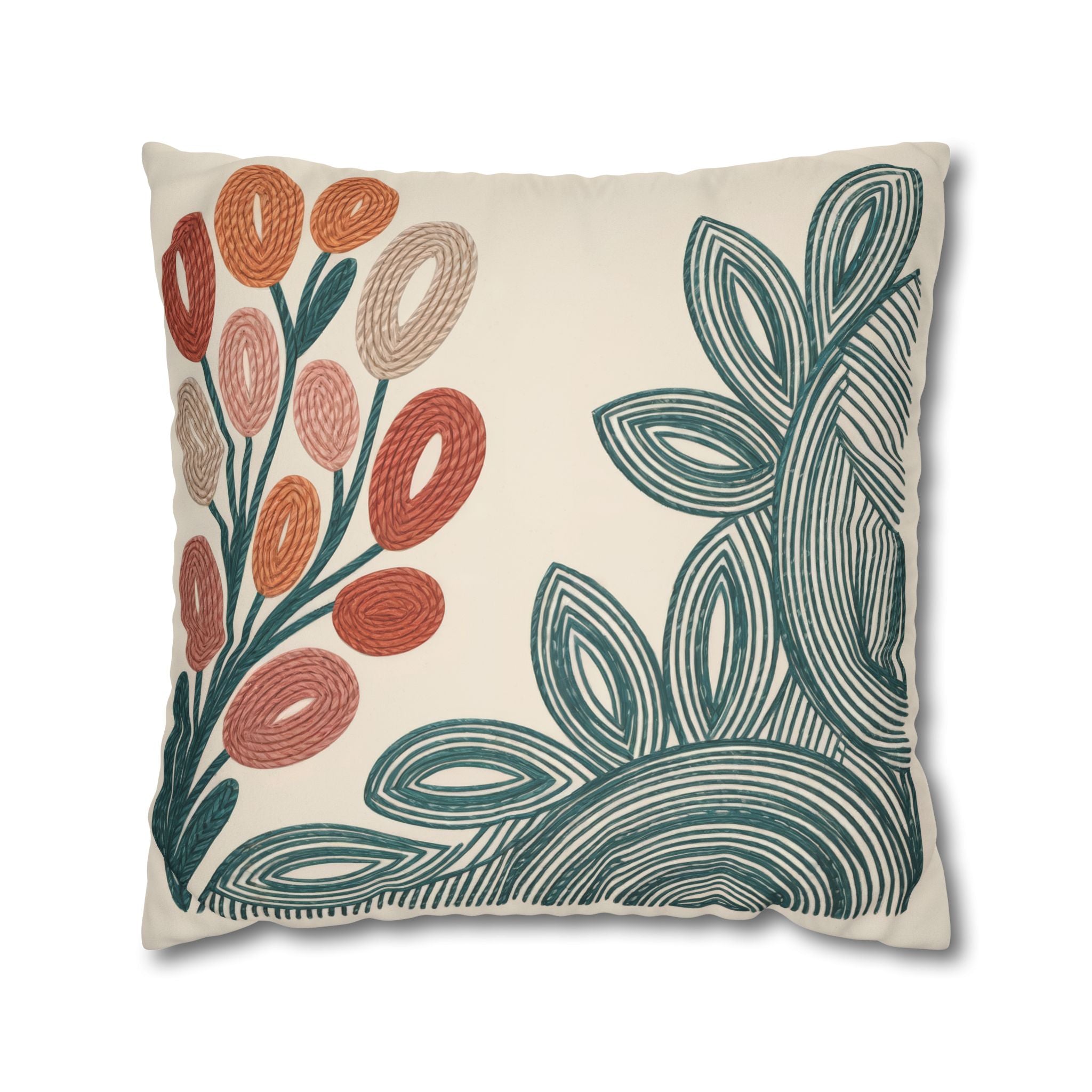 Mid Century Coral Teal Botanical Faux Suede Pillow Case | Modern Floral Decorative Accent