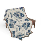Blue Scandinavian Fish Woven Blanket | Nordic Folk Art Throw