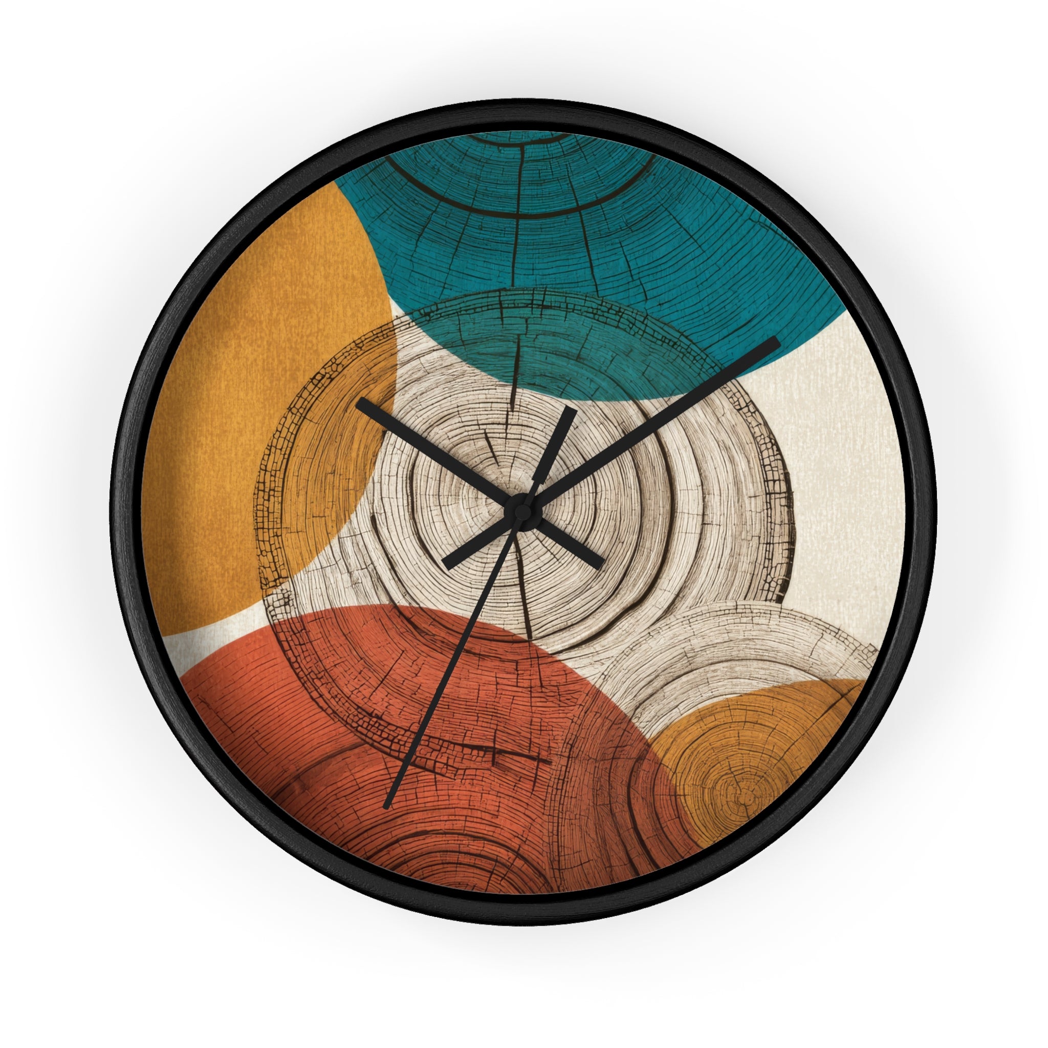 Mid Century Modern Clock | Abstract Tree Ring Wall Art, Atomic Geometric Woodgrain Circles in Teal, Ochre + Rust
