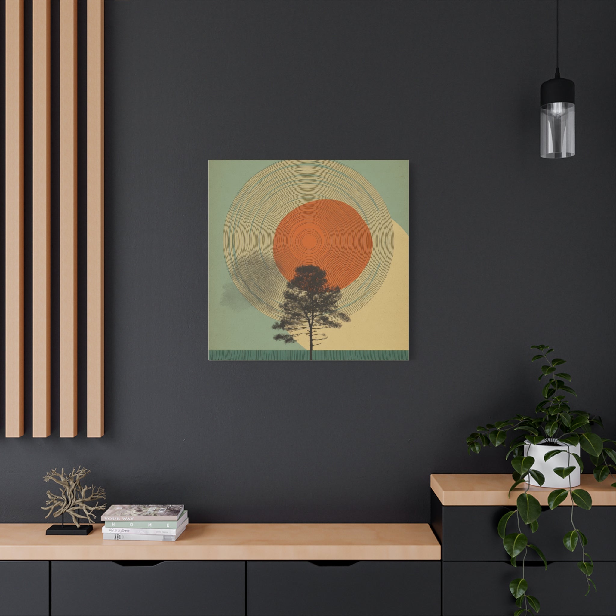 Tree Ring Wall Art | Mid Century Wall Art | Abstract Canvas Of Sun And Tree Nature Landscape