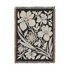 Neutral Japanese-Inspired Midnight Botanicals Floral Pattern Woven Blanket | Botanical Throw, Fringe Edge